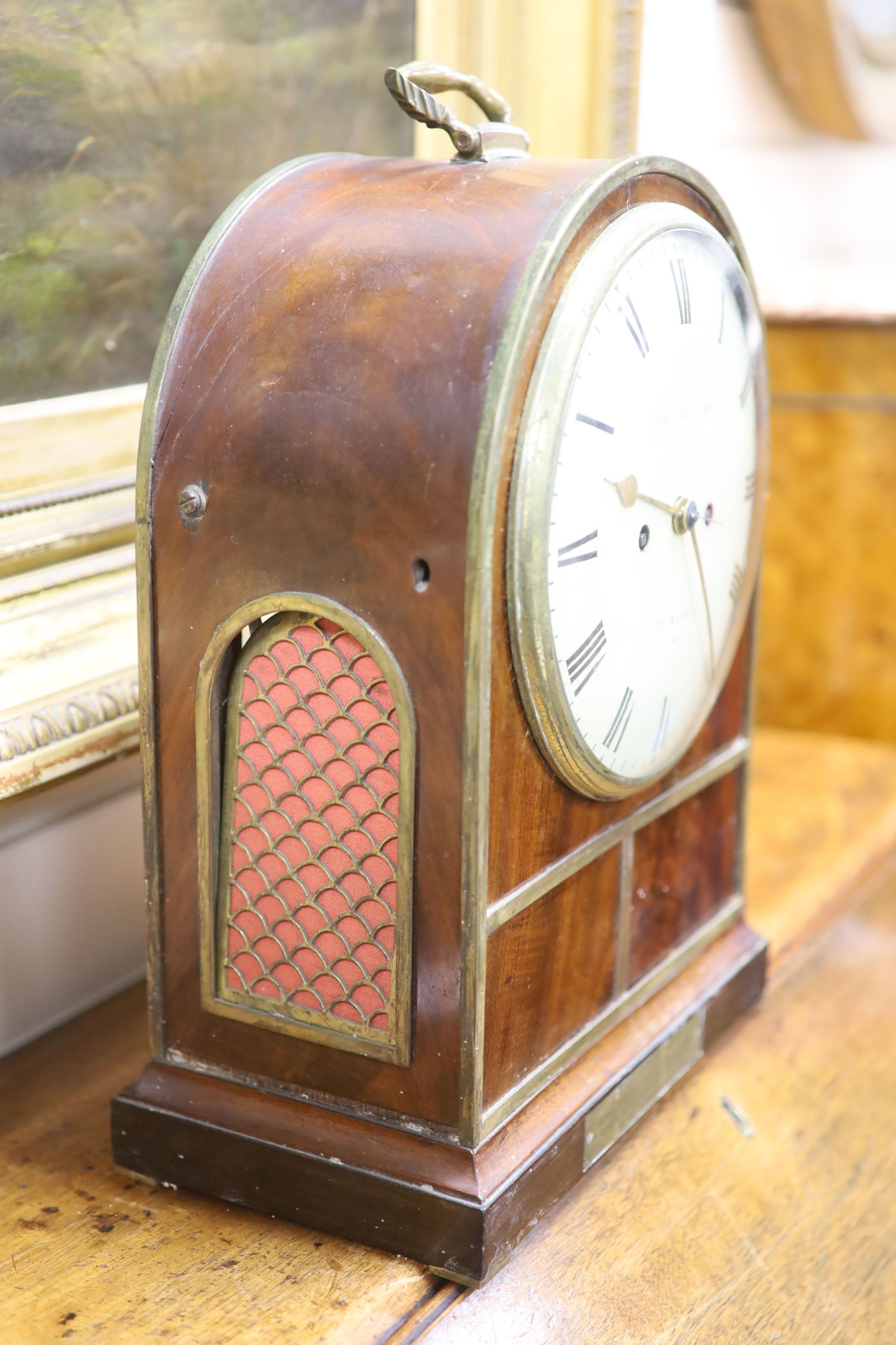 A Regency mahogany bracket clock, by Brockbanks & Atkins, height 39cm with handle down